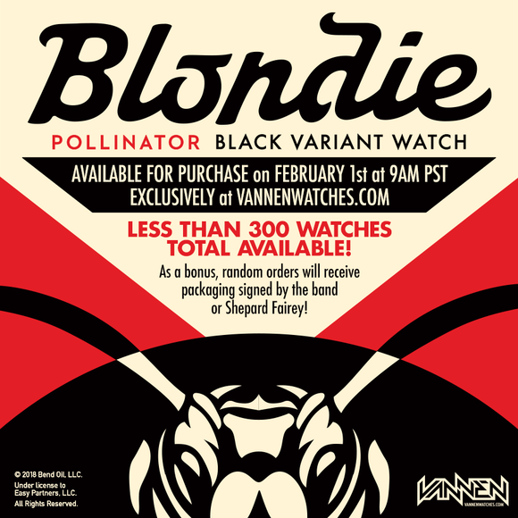 Limited Edition Blondie "Pollinator" Black Variant Vannen Artist Watch now available for purchase.