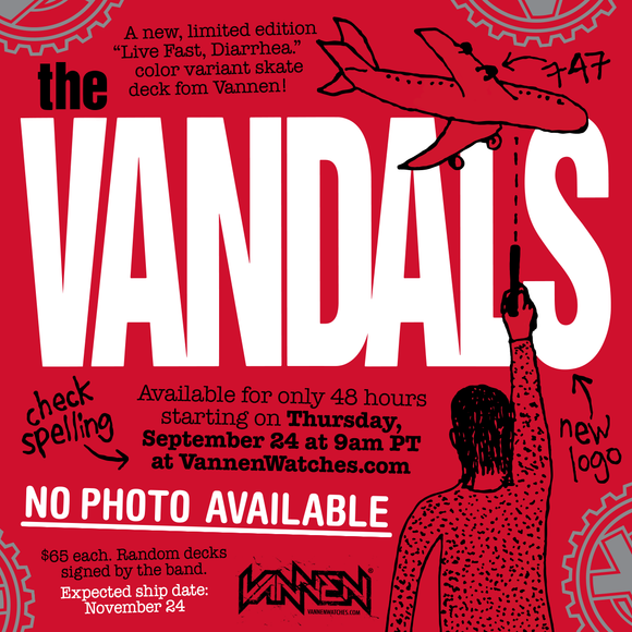 The Vandals “Live Fast, Diarrhea” red variant skate deck available on Sept 24