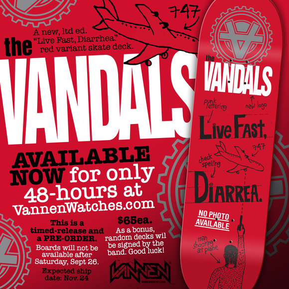 On sale now: The Vandals "Live Fast, Diarrhea" Red Variant Skate Deck.